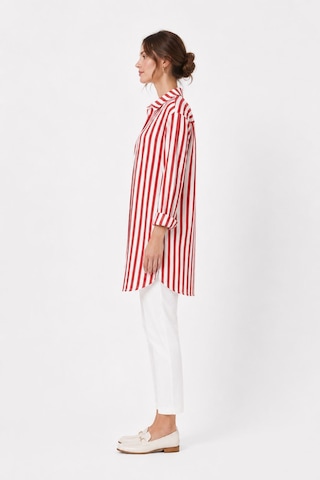 Neden Tekstil Uzun Kollu Kırmızı Beyaz Çizgili Kadın Overshirt Gömlek