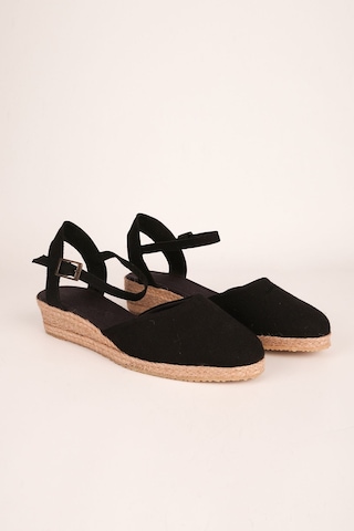 Star Tombis Gerçek Elişi Topuğu Açık Bilekten Bantlı 3cm Dolgu Topuk Siyah Keten Hasır Espadril Handmade Siyah