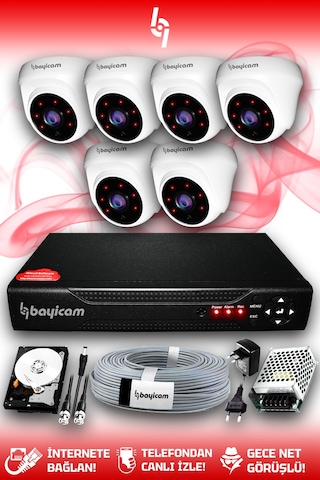 Bayicam 6 Kameralı Dome 6 İç Kamera Set 1 TB HDD Full HD Gece Görüşlü Güvenlik Kamerası Sistemi