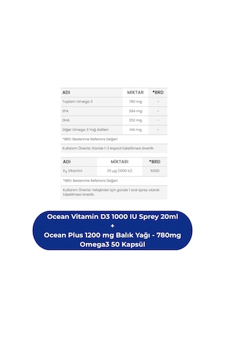 Ocean Vitamin D3 1000 Iu Sprey 20 ML + Ocean Plus 1200 Mg Balık Yağı 780mg Omega3 50 Kapsül