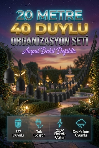 20 Metre 40 Duy Organizasyon Seti E27 Dış Mekan Uyumlu 220v Bahçe Teras Festoon Ampulsüz Yoğun Işık Zinciri Tak Çalıştır Siyah