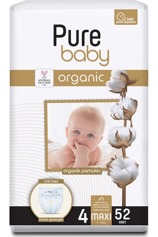 Pure Baby Organik Pamuklu Cırtlı Bez 4 Numara Maxi 52 Adet