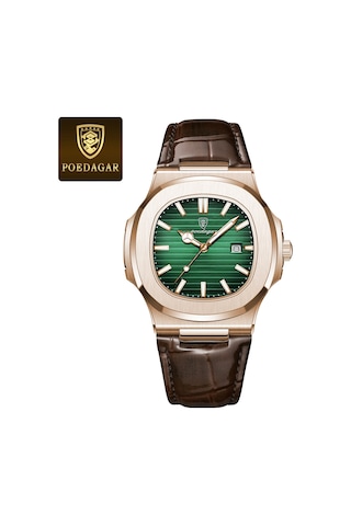 Poedagar 61310 İnce Erkek Saati Su Geçirmez Işıklı Kuvars Saat Gül Altın Yeşil Deri Kemer
