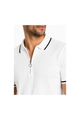 Butik İstanbul Erkek Fitilli Triko T-shirt Polo Yaka Yarım Fermuarlı Kısa Kollu Tişört - Beyaz