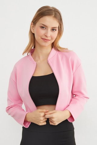 Fullamoda Fermuarlı Hakim Yaka Crop Spor Ceket Pembe