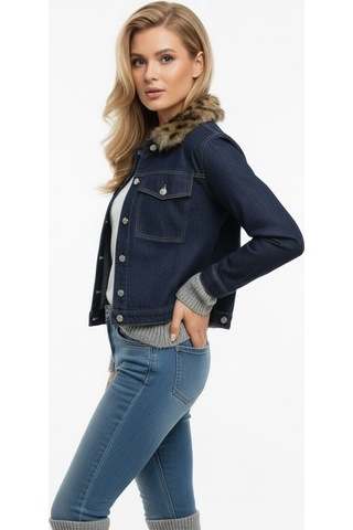 Duygudan Kürk Yaka Detaylı Premium Denim Ceket Modern Kesim Şık Jean Ceket - Mavi