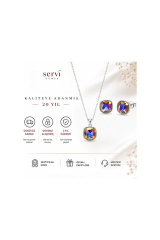 Servi 925 Ayar Gümüş Multicolor Kristal Taşlı Gökkuşağı Kolye Küpe Set-486
