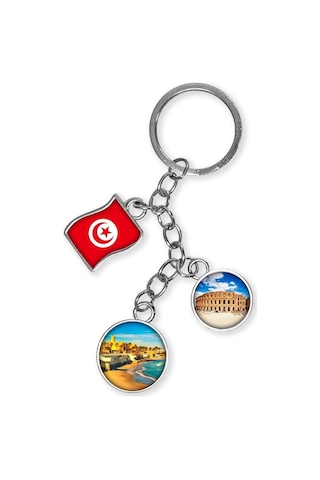 Tunus Üçlü Epoksi Metal Çift Taraflı Damla Anahtarlık Tunisia Gümüş