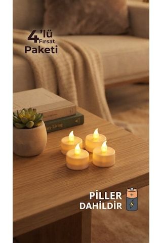4'lü Pilli Led Tealight Mum Seti - Sıcak Sarı Işık - Piller Dahildir - Dekoratif Yalancı Mum