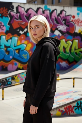 Benerly Kadın Kapüşonlu Düşük Kol Oversize Crop Sweatshirt Fonksiyonel Da siyah