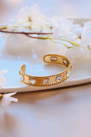 Gold Vintage Baget Zirkon Taşlı Çelik Kelepçe Bileklik Gold