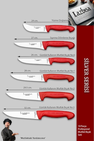 Lazbisa MFP-001 Silver Pro Serisi Mutfak Bıçak Seti 10 Parça Et Ekmek Sebze Soğan Börek Bıçağı Satırı Kırmızı
