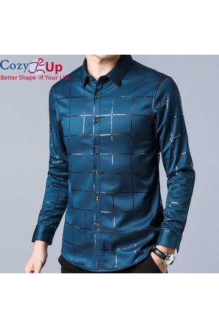 Rahat Up Erkekler Ekose Kavisli Hem Gömlek Casual İş Düğmesi Gömlek Uzun Kollu Damalı Erkek Gömlek Gri