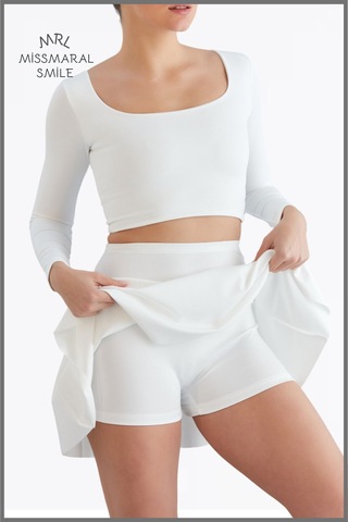 Beyaz Yüksek Bel Volanlı Şortlu Spor Etek Deniz Şortu Skirt With Shorts Beyaz