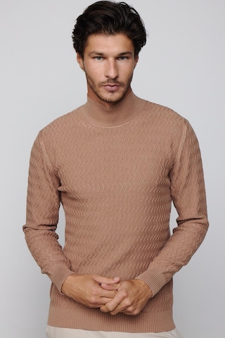 Tudors Slim Fit Dar Kesim Yarım Balıkçı Yaka Desenli Tüylenmeyen Bej Erkek Triko Kazak-29582-bej Bej