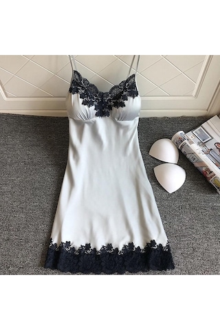 Saten Pijamalar Kadın Bayan Kıyafeti Gecelik Seksi İç Çamaşırı Göğüs Pedleri İle Gümüş