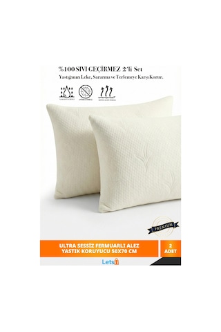 2 Adet Premium Sıvı Geçirmez Yastık Alezi Ultra Sessiz Fermuarlı Yastık Koruyucu 50x70 Cm 2'li Set Beyaz