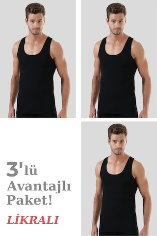 Floranova Özel Üretim Fit Görünüm Ekonomik Stok Giyim Erkek Siyah Likralı Atlet 3'lü Paket