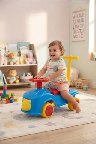 İlk Yarış Arabam 10 - 15 Kg Taşıma Kapasiteli Dayanıklı Binişli Ayıcık Süslemeli Oyuncak Araba Çok Renkli
