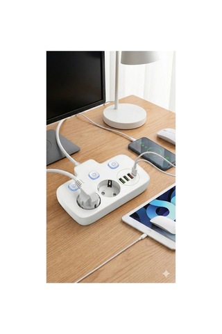 Akım Korumalı 2500w Güçlü 3 Usb + Type-c Portlu Çoklu Priz Hızlı Şarj, Çocuk Kilidi, 2 Metre 0 - 2 M