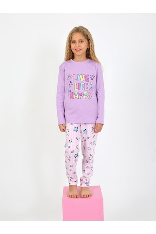 Kız Çocuk Uzun Kollu %100 Pamuklu Pijama Takımı Happy Life Lila
