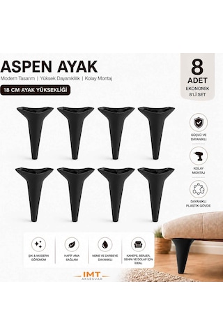 Aspen 18 Cm Siyah 8'li Set Koltuk Baza Dolap Tv Ünitesi Yatak Odası Konsol Ayağı Siyah