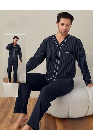 Lindros Erkek Gömlek Yaka İnterlok Uzun Kol Pijama Takımı 00146 - 1 Adet 001