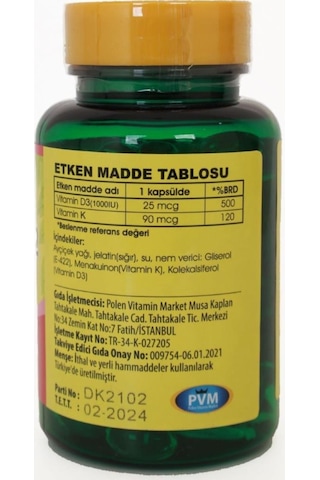 Vitapol Vitamin D3 Vitamin K2 100 Softgel D Vitamini K Vitamini S