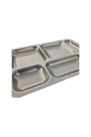 10 Adet 5 Bölmeli Paslanmaz Çelik Tabldot Tepsi - 430 Kalite 39.5x27.5 Cm Yemekhane Tepsisi Gümüş