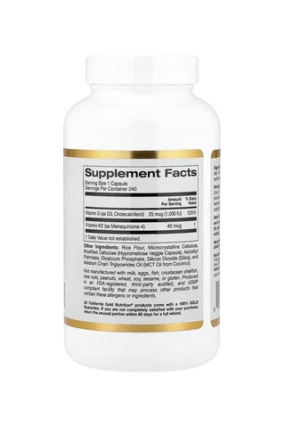 California Gold Nutrition, Vitamin D3 + K2, 240 Veggie Capsules