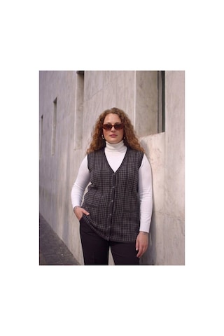 Onno Style Women Büyük Beden Kazayağı Desen Renkli Çelik Örgü Triko Kadın Yelek Lacivert