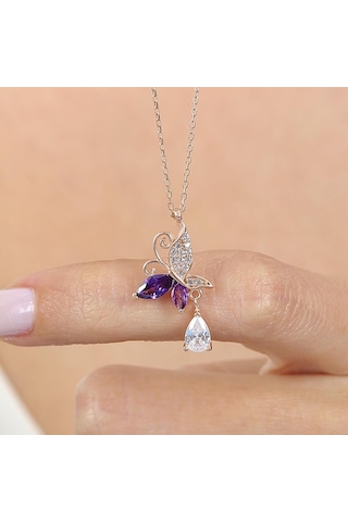 Mia vento Ametist Taşlı Kelebek Parıltısı Rose Renk Gümüş Kolye