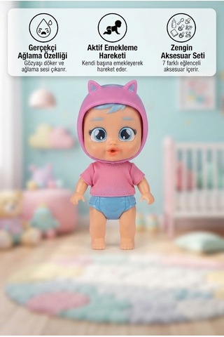 Cry Babies Sevimli Başlıklı Gerçekçi Ağlama Emekleme Özellikli 7 Adet Aksesuarlı 9 Cm Oyuncak Bebek