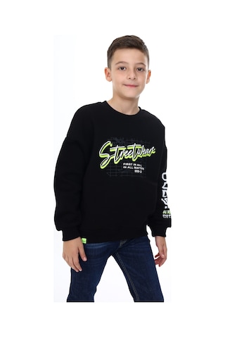 Toontoy Kids Toontoy Erkek Çocuk Oversize Bisiklet Yaka Düşük Omuz Baskılı Sweatshirt - 2 İplik Siyah