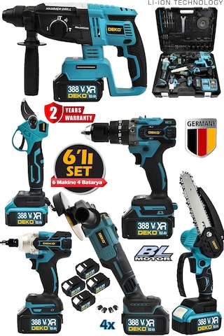 Deko Turkey DK6SET 4 Akülü 6'lı Muhteşem Kırıcı Delici + Darbeli Matkap + Taşlama + Somun Sıkma Budama Set