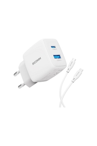Ricomm 25W GaN USB-C + USB-A PPS PD Hızlı Şarj Cihazı + 2 Metre Type-C 60W Şarj Kablosu