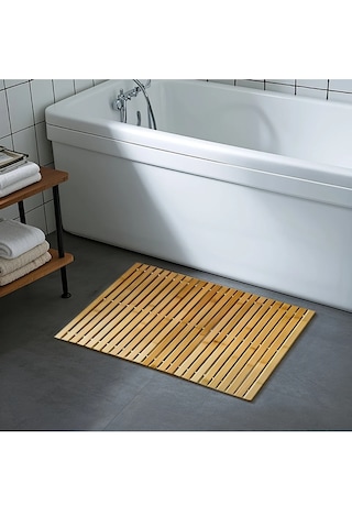 Kaymaz Bambu Duş Paspası 45x75 Cm Suya Dayanıklı, Doğal Ahşap B