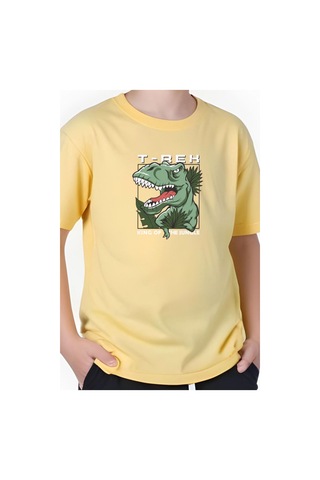T-rex Baskılı Erkek Çocuk Kısa Kollu Tişört Sarı