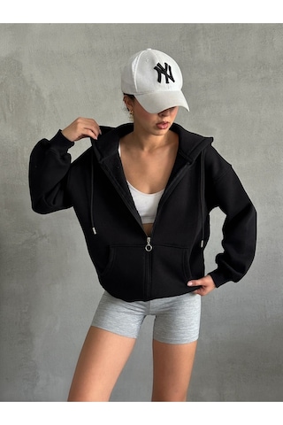 Kadın Fermuarlı Oversize Sweat Hırka Siyah