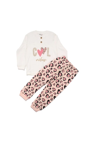 Bebegen Kız Çocuk Ekru Pembe Cool Kalp Baskılı 2'li Pijama Takımı