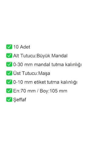 Etiket Kart Tutucu / Maşalı / Büyük Mandal / Şeffaf / 70x105 Mm / 10 Adet