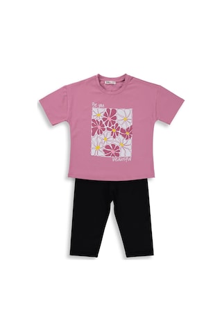 Civil Girls Renkli Çiçek Baskılı 6-9 Yaş Takım - Soft Pembe-siyah
