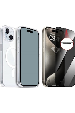Vendas Apple Uyumlu iPhone 14 Kılıf M-safe Şarj Özellikli Şeffaf Sert Pc Zore Embos Kapak + Hayalet Ekran Koruyucu Şeffaf