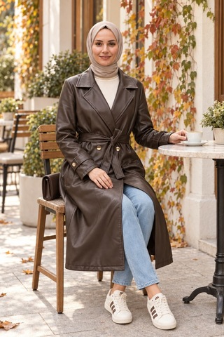 Hb Harma Time Butik Kadın Düğmeli Kuşaklı Cepli Deri Kahverengi Trençkot