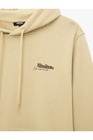 Koton Üç İplik Uzun Kollu Baskılı Kapşonlu Sweatshirt Bej 7wam70104mk Ekru