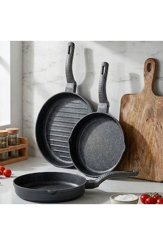 Oms 3738 Biogranit Döküm Grill Ergonomik Saplı 3 Parça Tava Seti Gri 20-24-28cm Gri