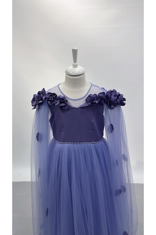 Butikhappykids Kız Çocuk Abiye Lavanta Uzun Tüllü Pelerinli Yakası Çiçekli Abiye 6-14 Yaş Lavanta