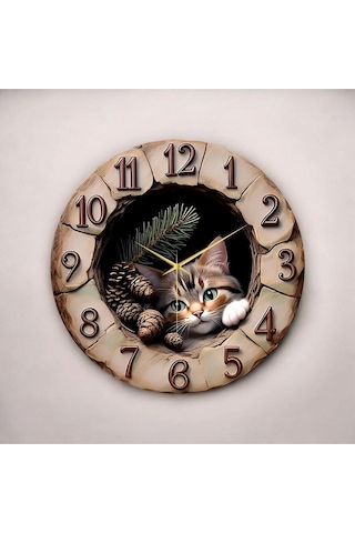 Ahşap Kabartma Görünümlü Renkli Baskı Kedi Desenli Sayılı Hediyelik Ahşap Sessiz Duvar Saati 50cm ÇOk Renkli