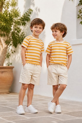 Eray Alp Kids Erkek Çocuk Çizgili Tişört Keten Şort Takımı Yazlık Günlük Model Sarı