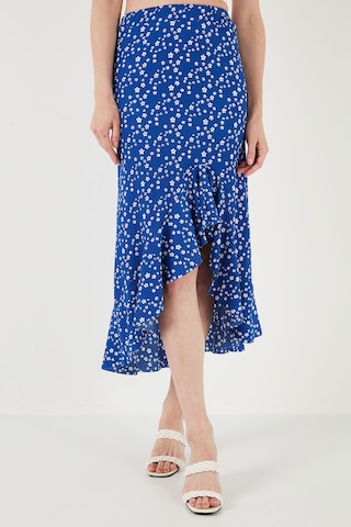 Lela Çiçek Desenli Regular Fit Volanlı Yüksek Bel Midi Boy Yırtmaçlı Bayan Etek 5869012 Saks